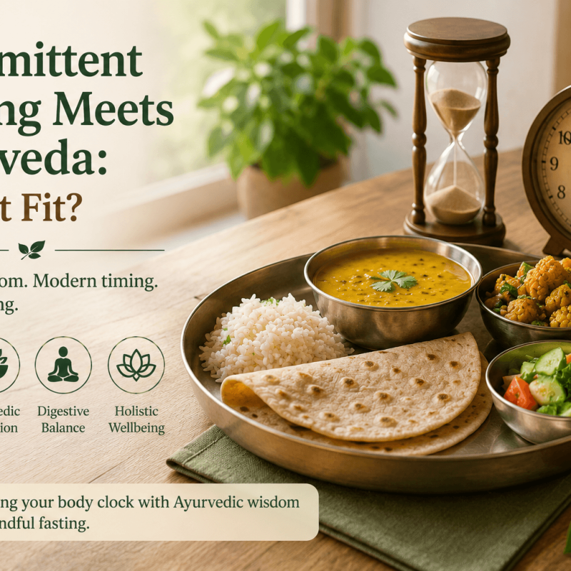 Intermittent fasting and Ayurveda shown through a midday meal and clock