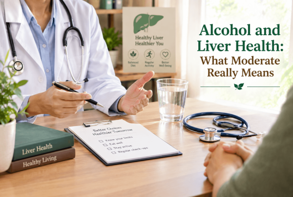 Alcohol and liver health guidance shown through a doctor consultation setting