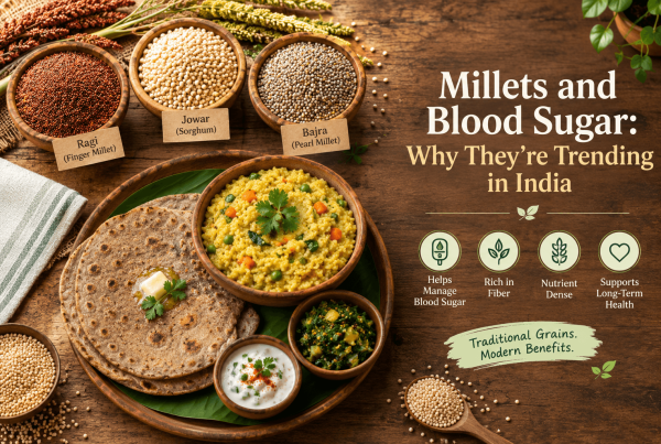Millets and blood sugar shown through ragi, jowar, and bajra grains
