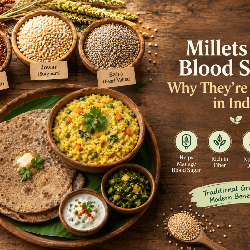 Millets and blood sugar shown through ragi, jowar, and bajra grains