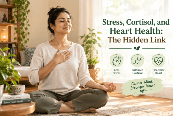 Stress, cortisol, and heart health connection shown through a calm heart-healthy routine