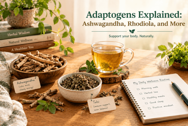 Adaptogens explained: ashwagandha root, rhodiola, and tulsi leaves on a wooden table