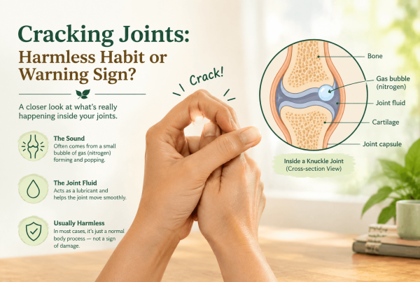 Cracking joints explained through a cross-section illustration of knuckle cavitation
