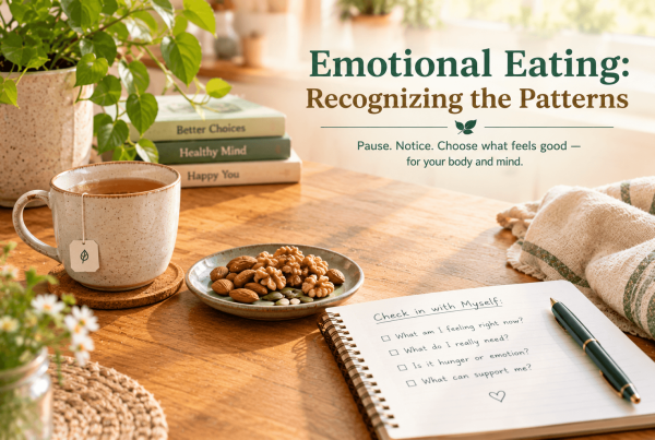 Emotional eating patterns shown through a person pausing before a snack