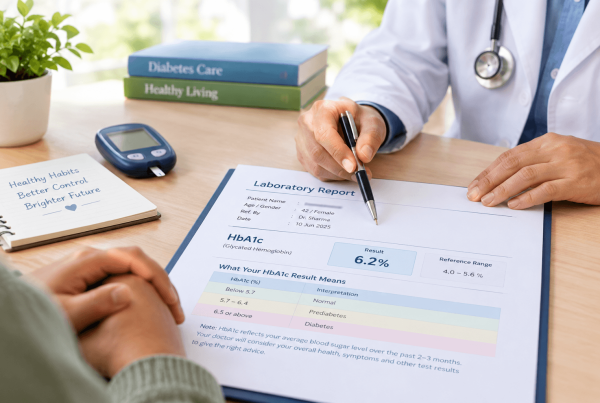 HbA1c explained through a lab report and blood test vial