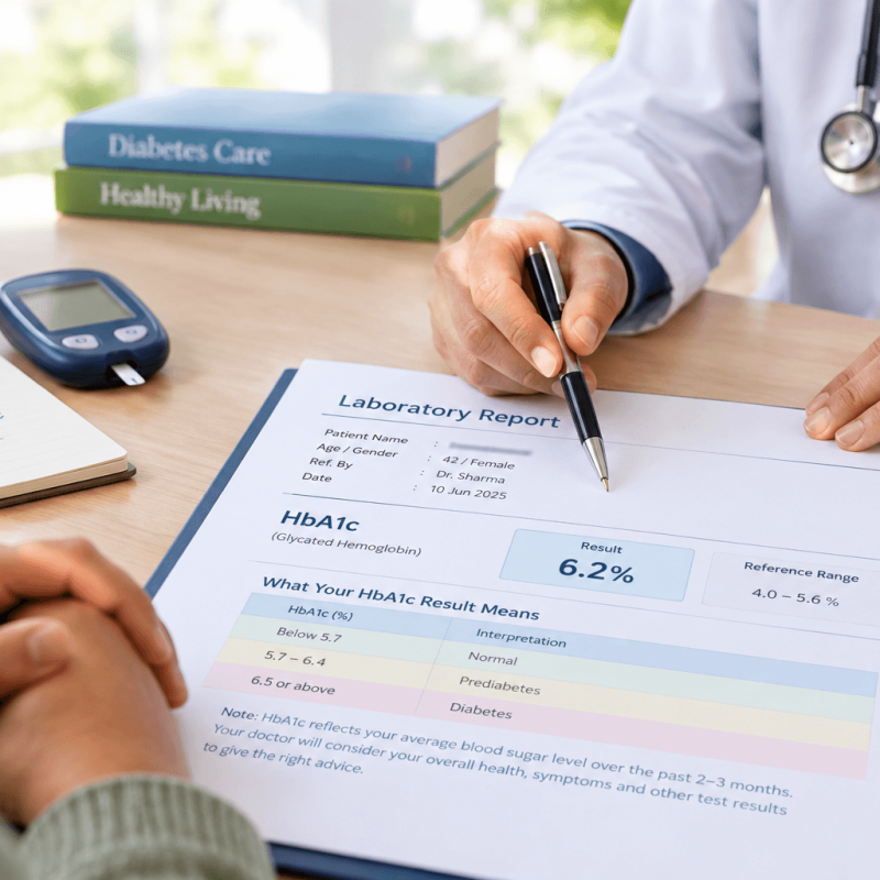 HbA1c explained through a lab report and blood test vial