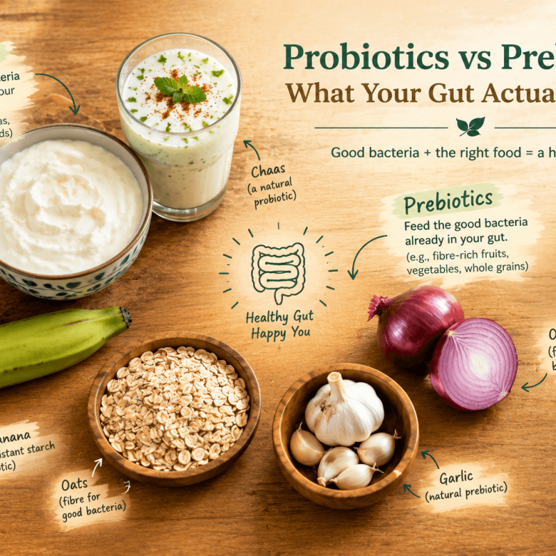 Probiotics vs prebiotics shown through curd, buttermilk, banana, oats and onion" and "Indian thali with fibre-rich foods and curd supporting gut health and immunity