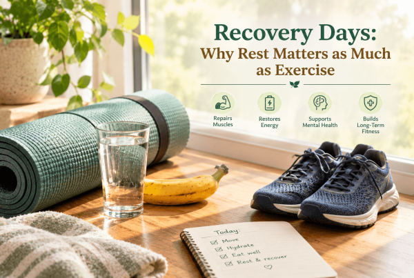 Recovery days shown through a person resting with a glass of water after a workout