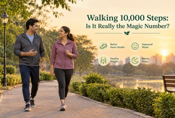 Walking 10,000 steps shown through a couple on an evening park walk